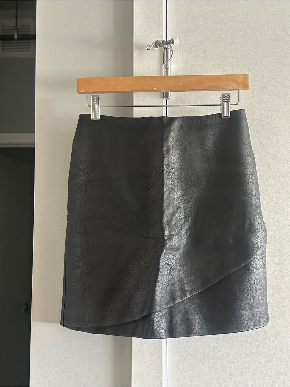 Club Monaco Black Faux Leather Mini Skirt with Overlap Hem